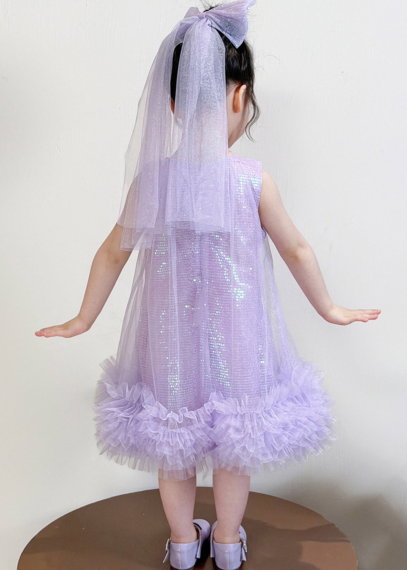 Elegant Purple O-Neck Patchwork Sequins Tulle Girls Party Maxi Dress Sleeveless