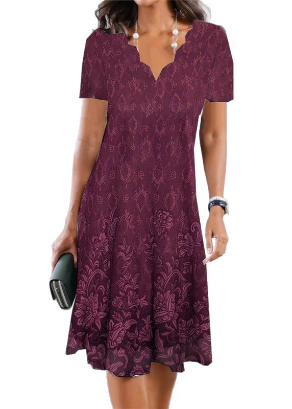 Elegant Purple V Neck Lace Wrinkled Mid Dress Summer