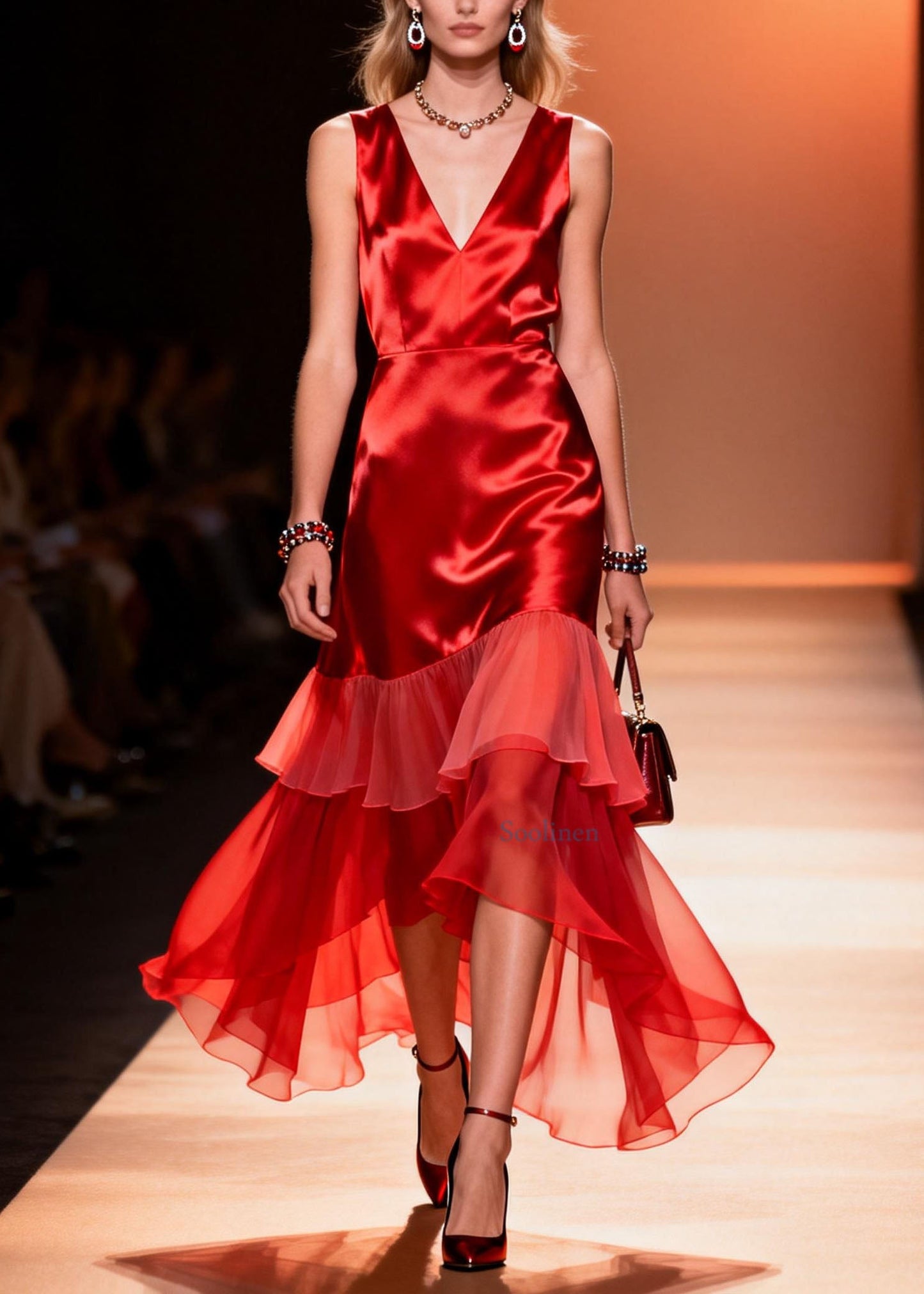 Elegant Red V Neck Ruffled Patchwork Silk Dresses Summer