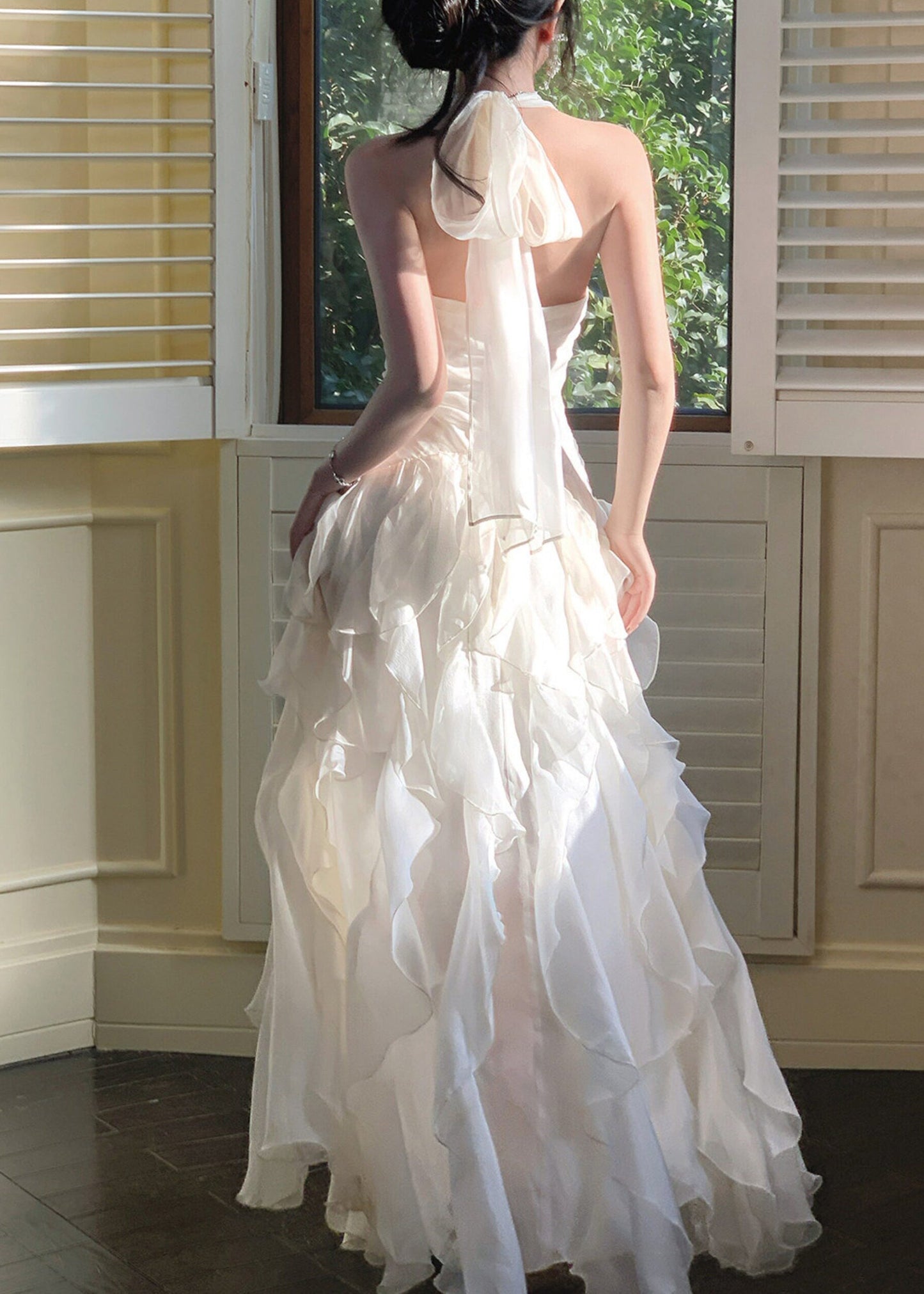 Elegant White Cinched Ruffled Tulle Maxi Dress Summer