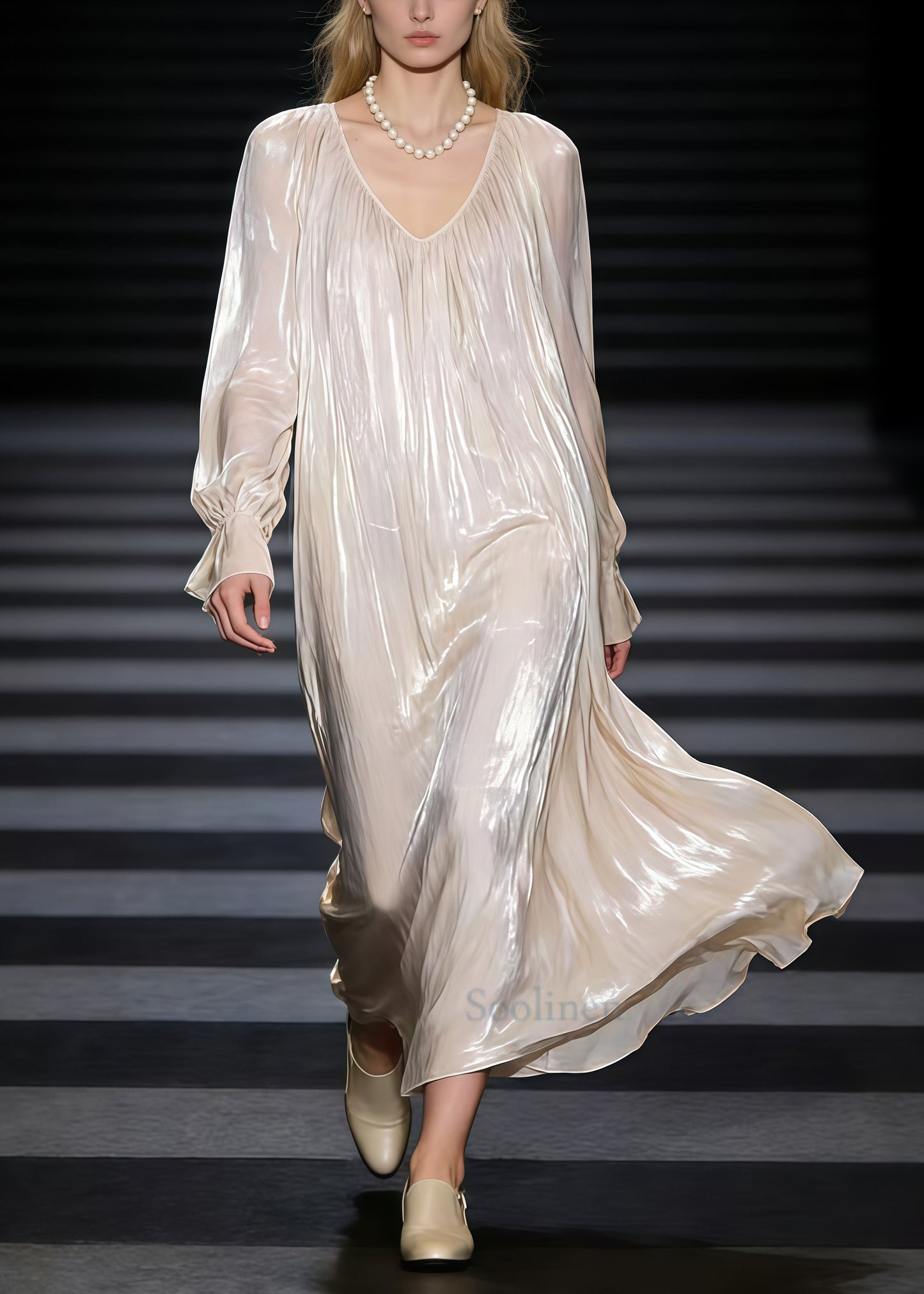 Fashion Beige Oversized Draping Silk Maxi Dress Spring