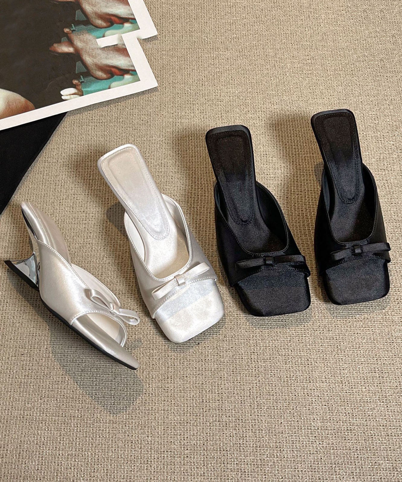 Fashion Black Bow Splicing Satin Wedge Slide Sandals