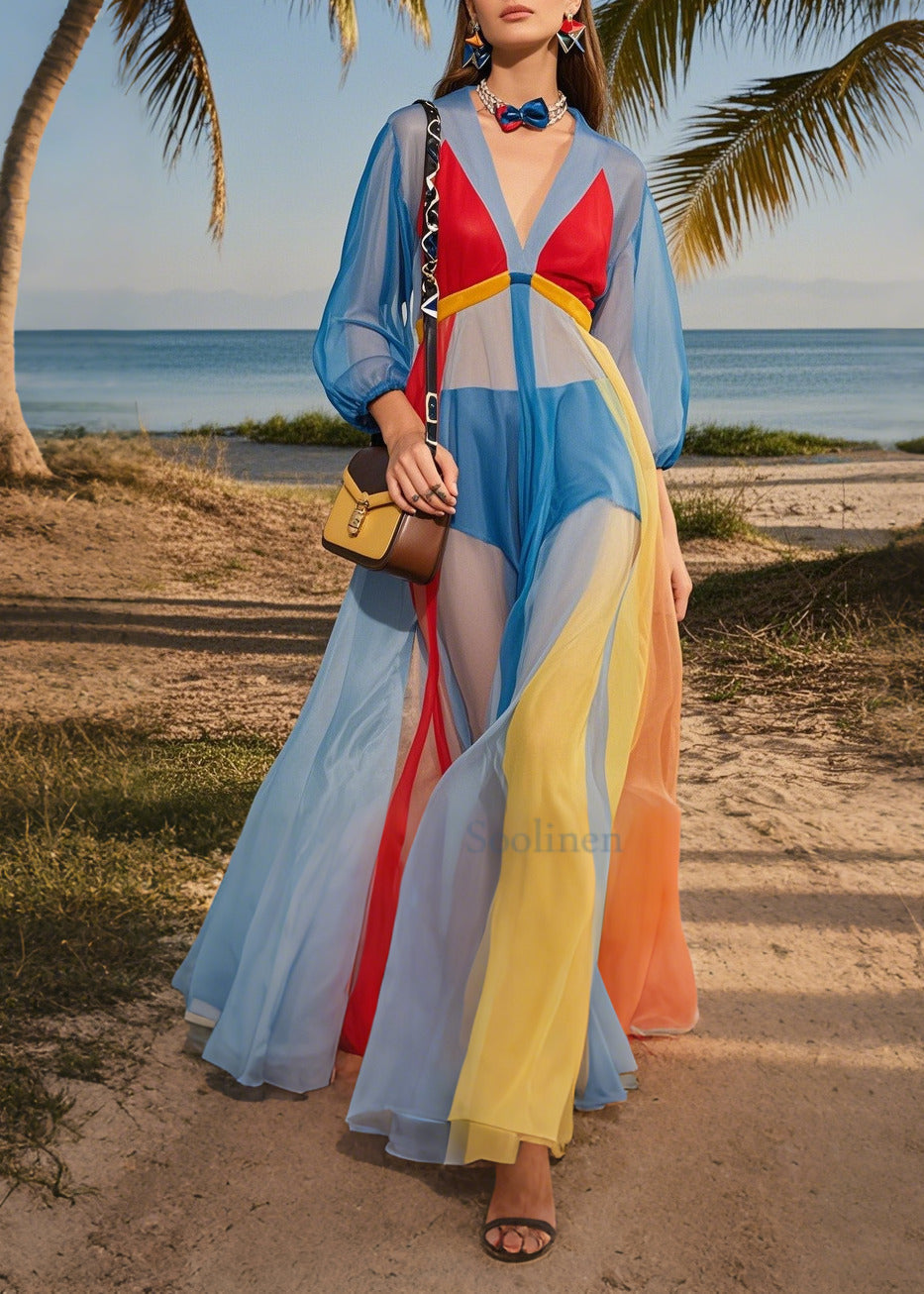 Fashion Blue V Neck Patchwork Tulle Maxi Dresses Summer