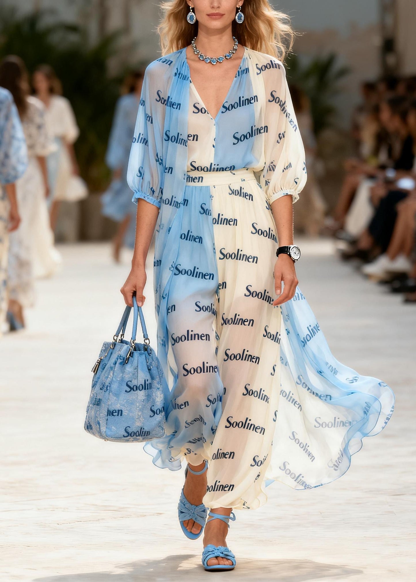Fashion Colorblock V Neck Print Chiffon Maxi Dresses Summer