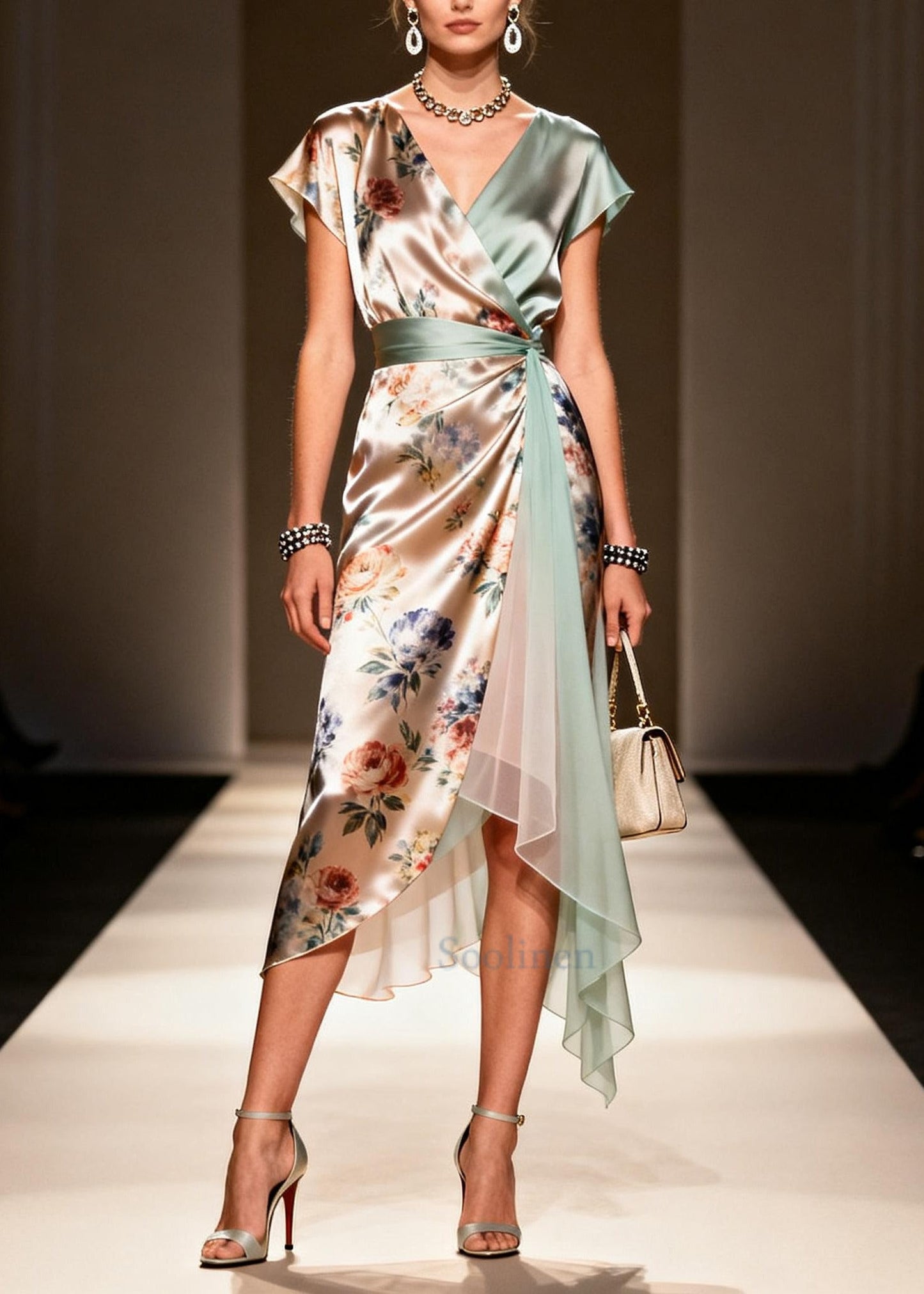Fashion Khaki Asymmetrical Print Chiffon Maxi Dress Summer