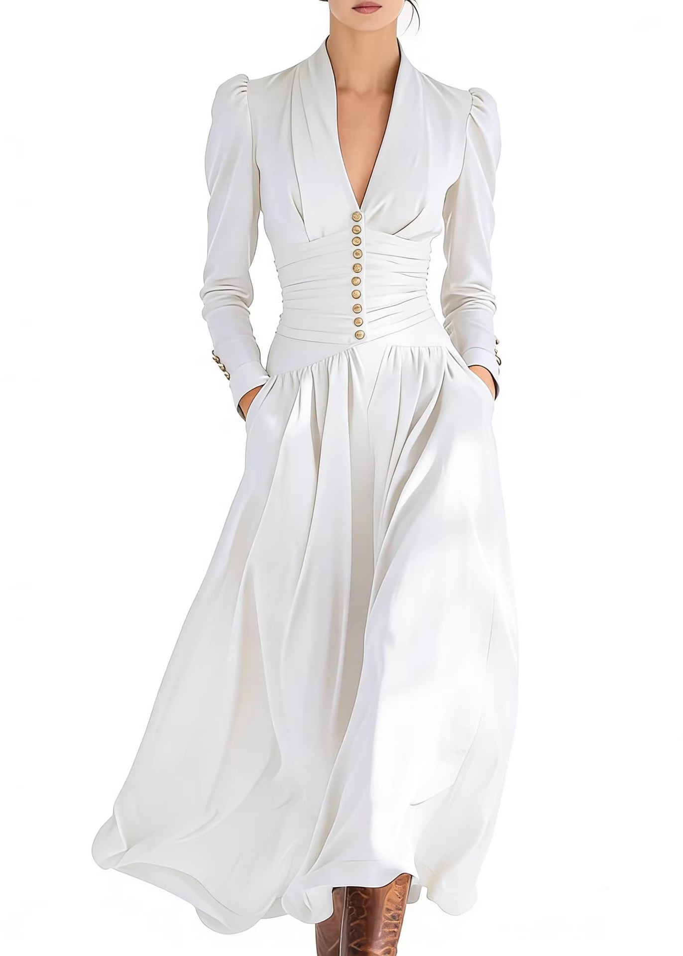Fashion Navy V Neck Puff Sleeve Patchwork Cotton Long Dresses
