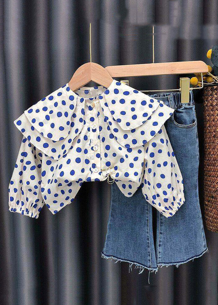 Fashion O-Neck Dot Print Kids Shirts And Jeans Two Piece Set Fall