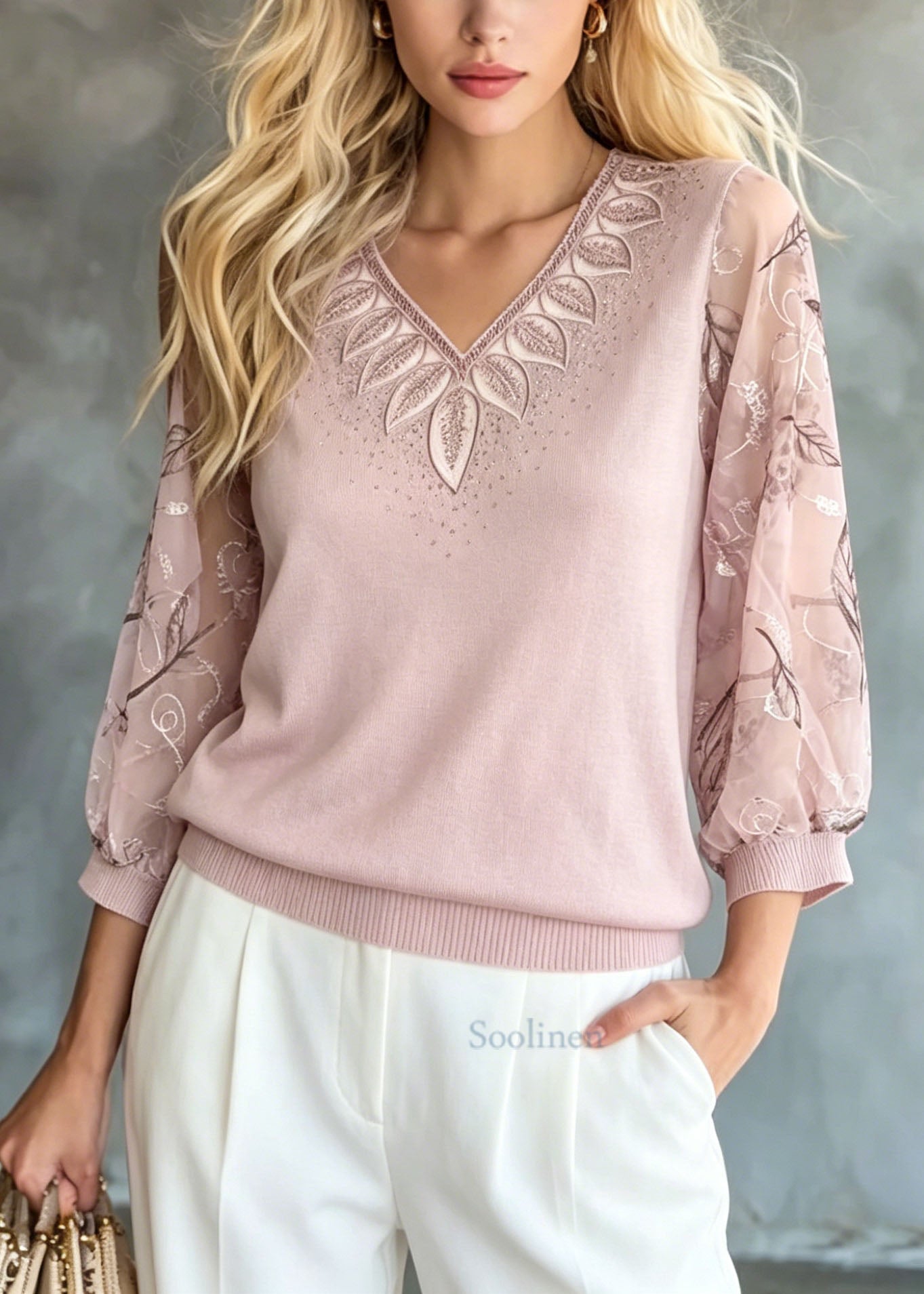 Fashion Pink Embroidered Zircon Knit Top Bracelet Sleeve