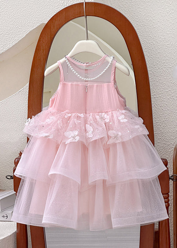 Fashion Pink Patchwork Butterfly Tulle Kids Vacation Maxi Dresses Sleeveless