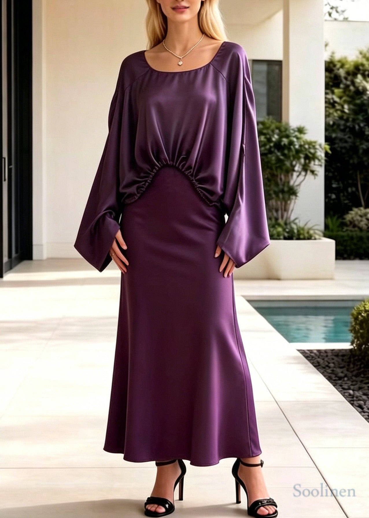 Fashion Purple Asymmetrical Design Draping Silk Two Pieces Set Batwing Sleeve