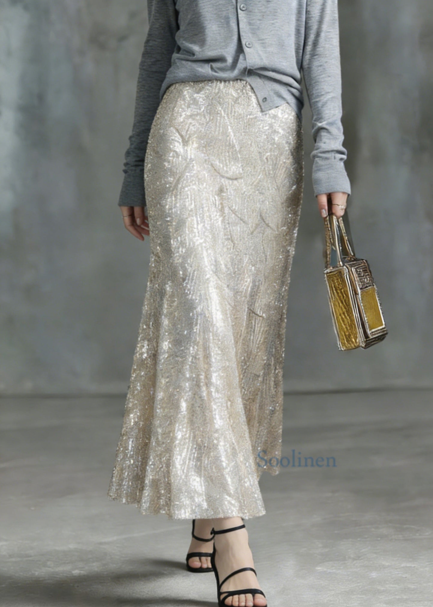 Fashion Silver High Waist Sequins A Line Skirt