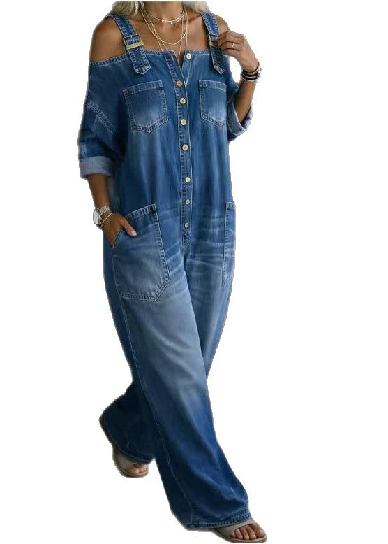 Fashionable Sexy Navy Shoulder Strap Pocket Denim Wide Leg Jumpsuit
