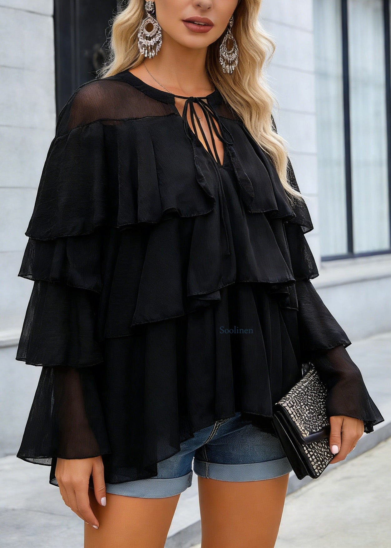 Fine Black Ruffled Patchwork Chiffon Blouse Top Spring