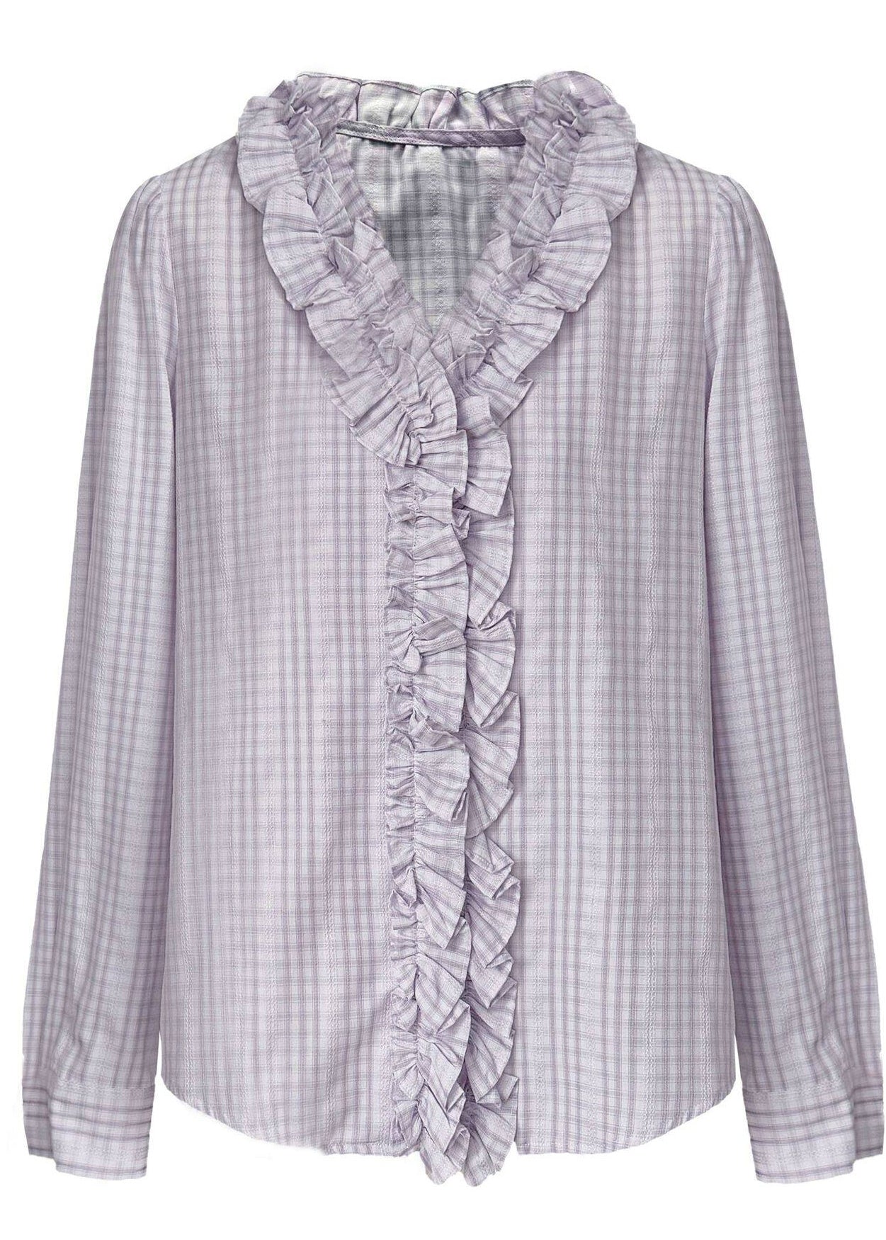 Fine Light Purple Ruffled Plaid Cotton Blouse Top Spring