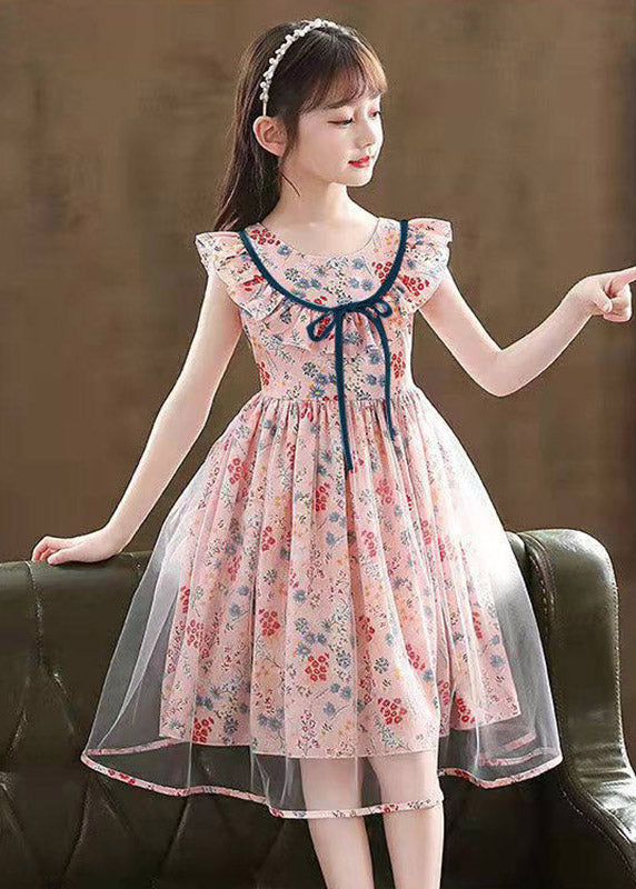 Fine Pink O-Neck Print Tulle Girls Maxi Dresses Summer