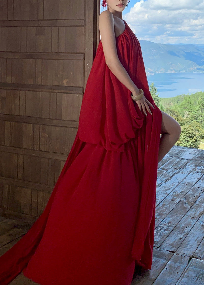 Fine Red Asymmetrical One Shoulder Solid Long Dress Sleeveless