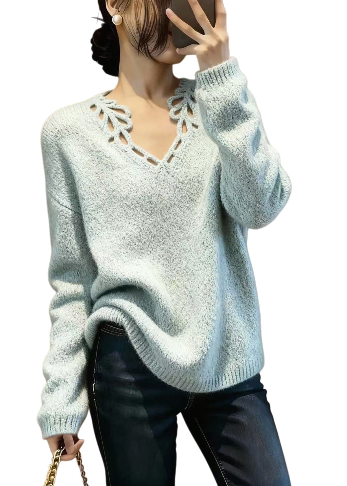 Fine Sky Blue V Neck Hollow Out Knit Pullover Winter