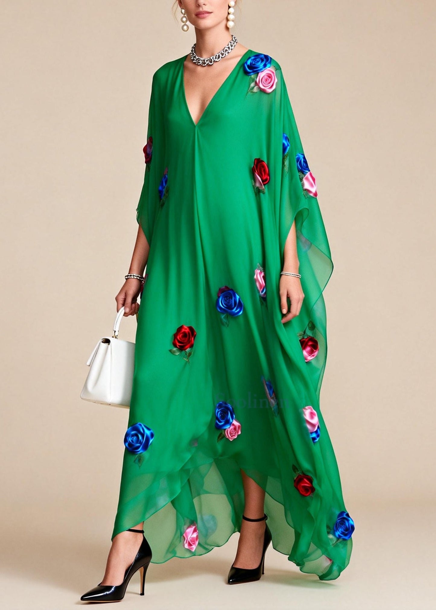 Fitted Tea Green Oversized Floral Chiffon Maxi Dress Summer