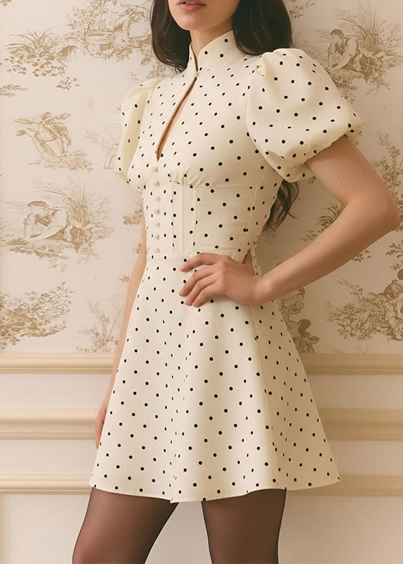 French Beige Stand Collar Puff Sleeve Print Cotton Mini Dresses