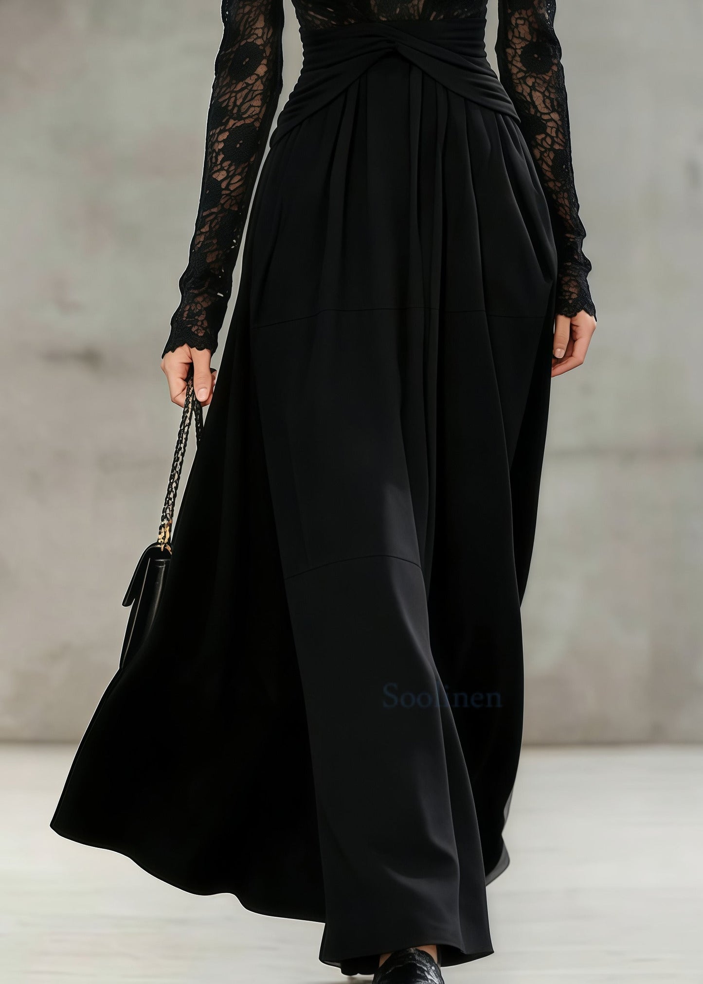 French Black Cinched Patchwork Lace Long Dresses Spring
