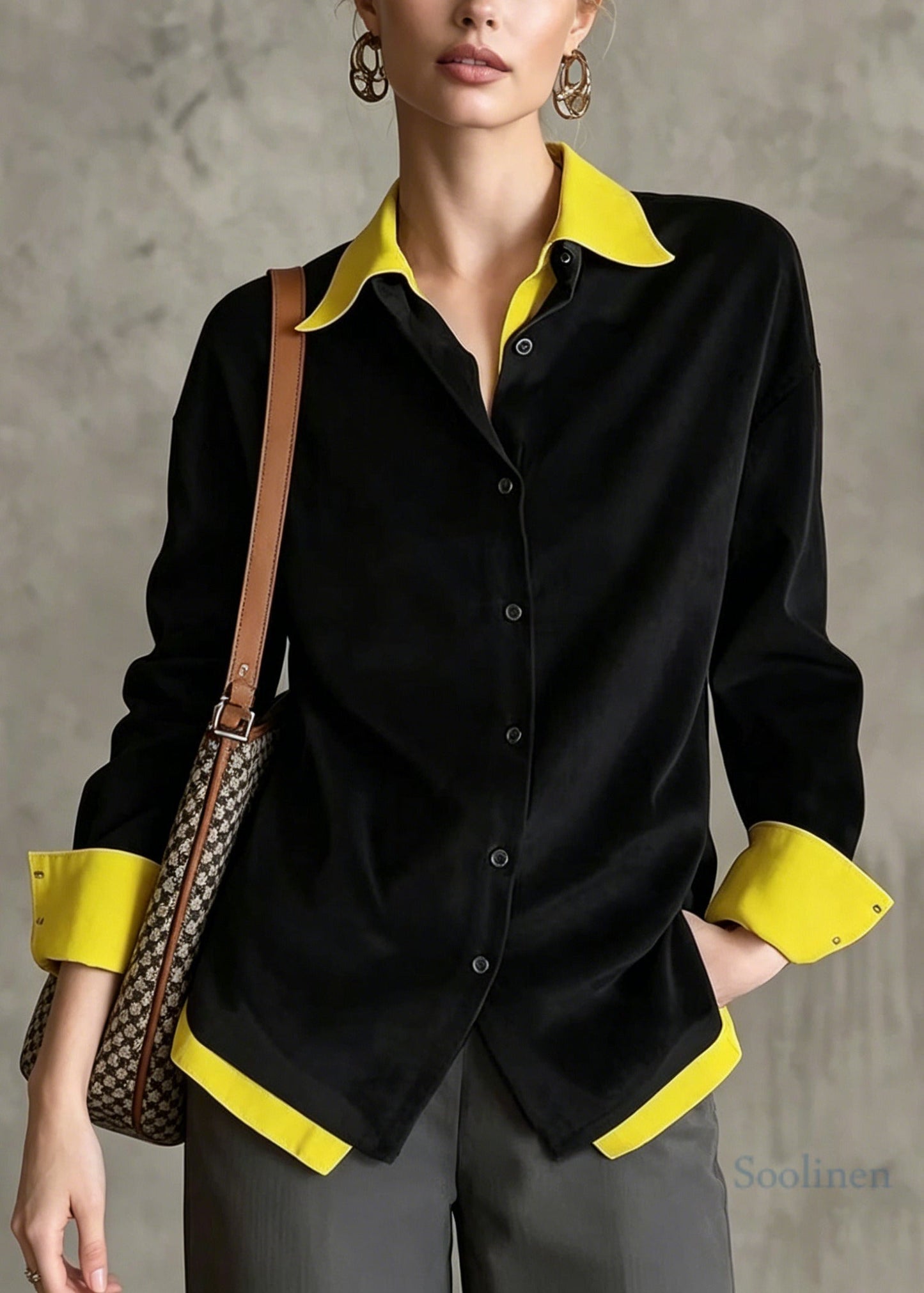 French Black Peter Pan Collar Patchwork Cotton Fake Two Piece Blouses Fall