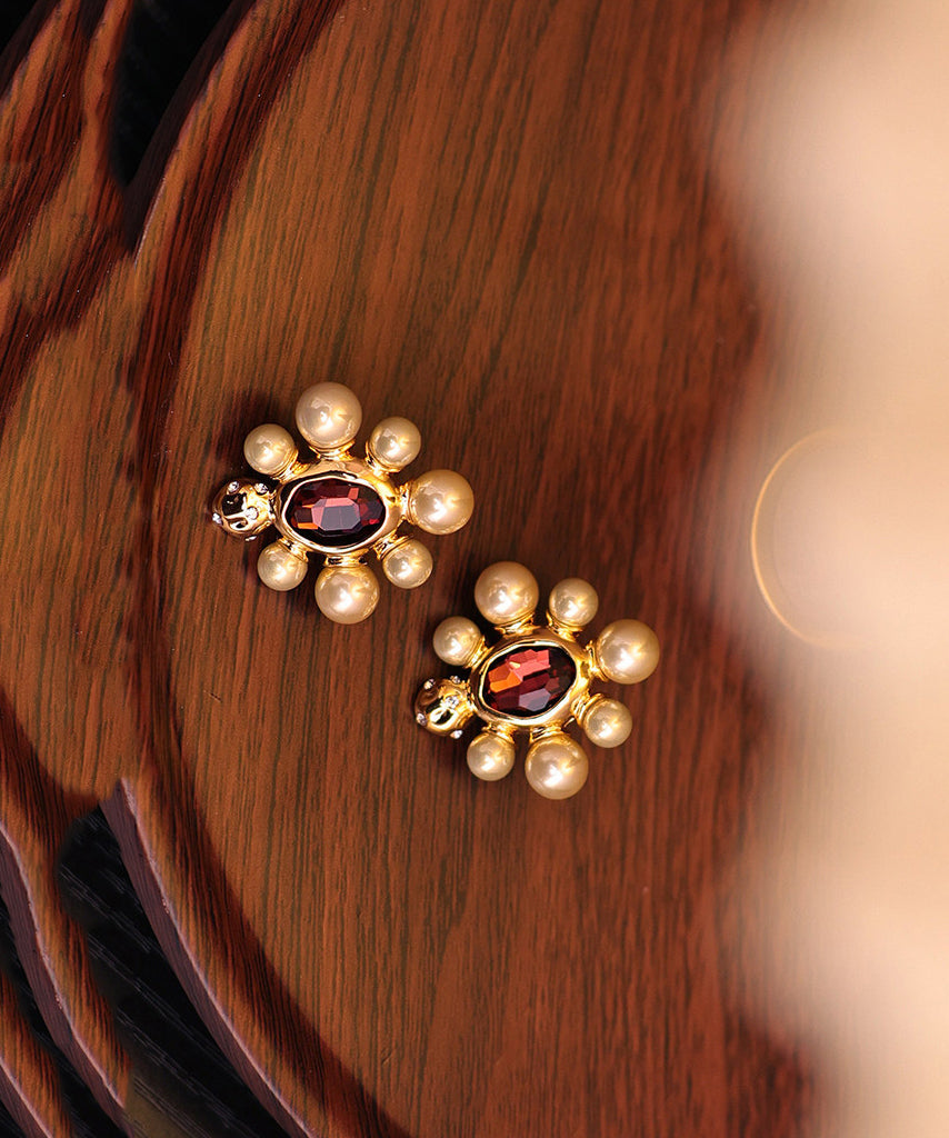 French Copper Overgild Pearl Crystal Stud Earrings