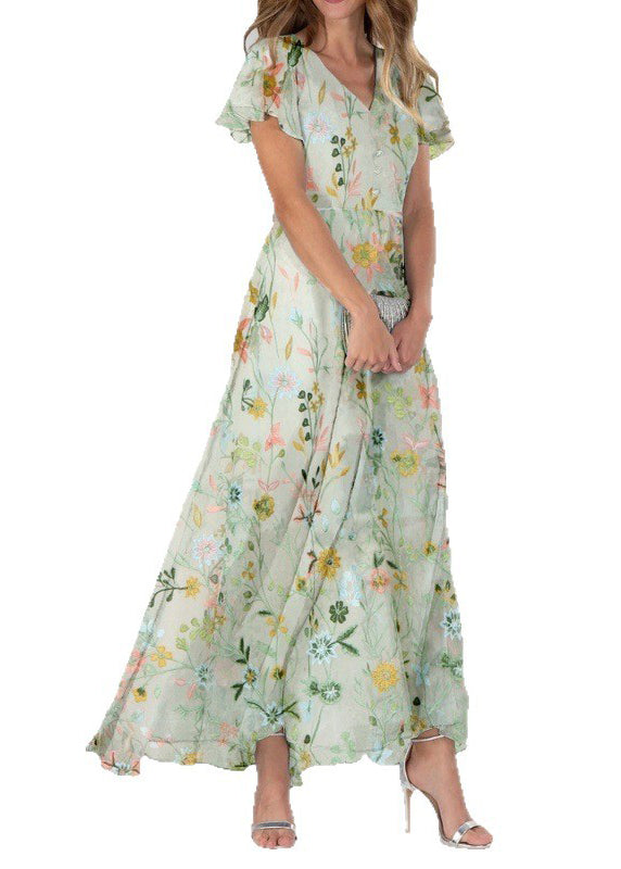 French Light Green V Neck Print Chiffon Long Dress Summer