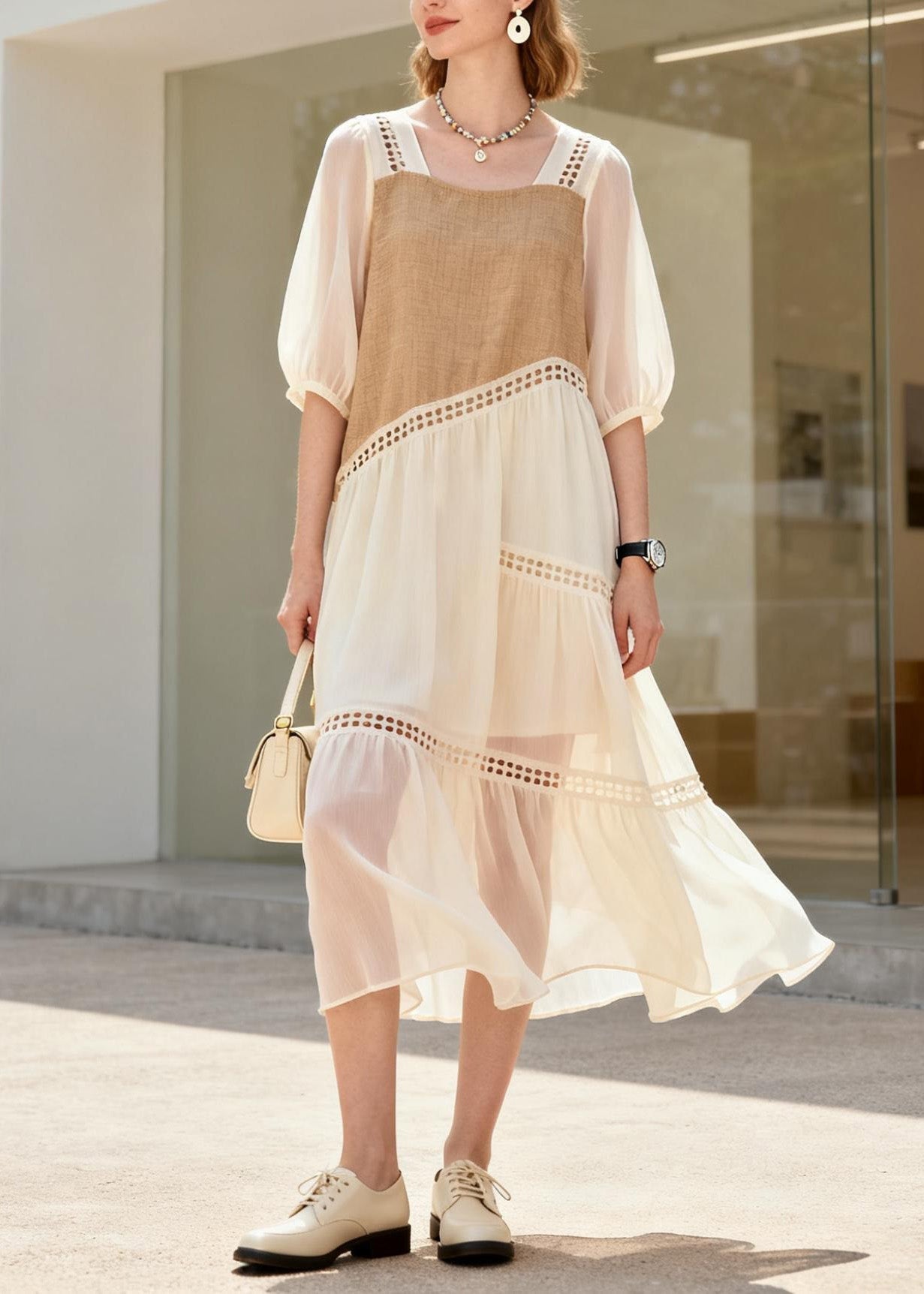 French O Neck Hollow Out Patchwork Cotton Dress Summer