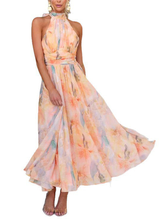 French Print Wrinkled Chiffon Vacation Dress Sleeveless