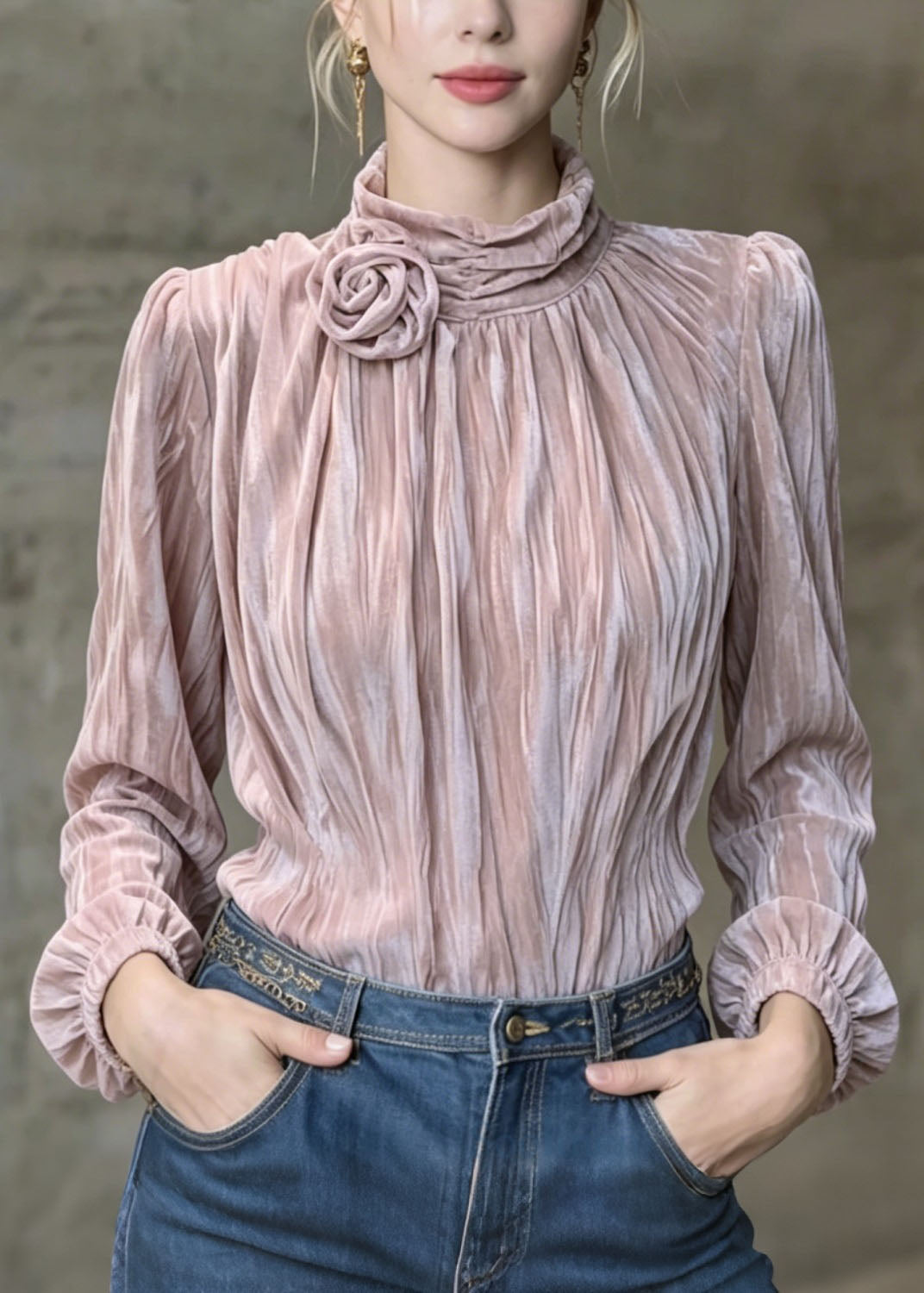 French Purple Floral Wrinkled Velour Shirt Top Spring