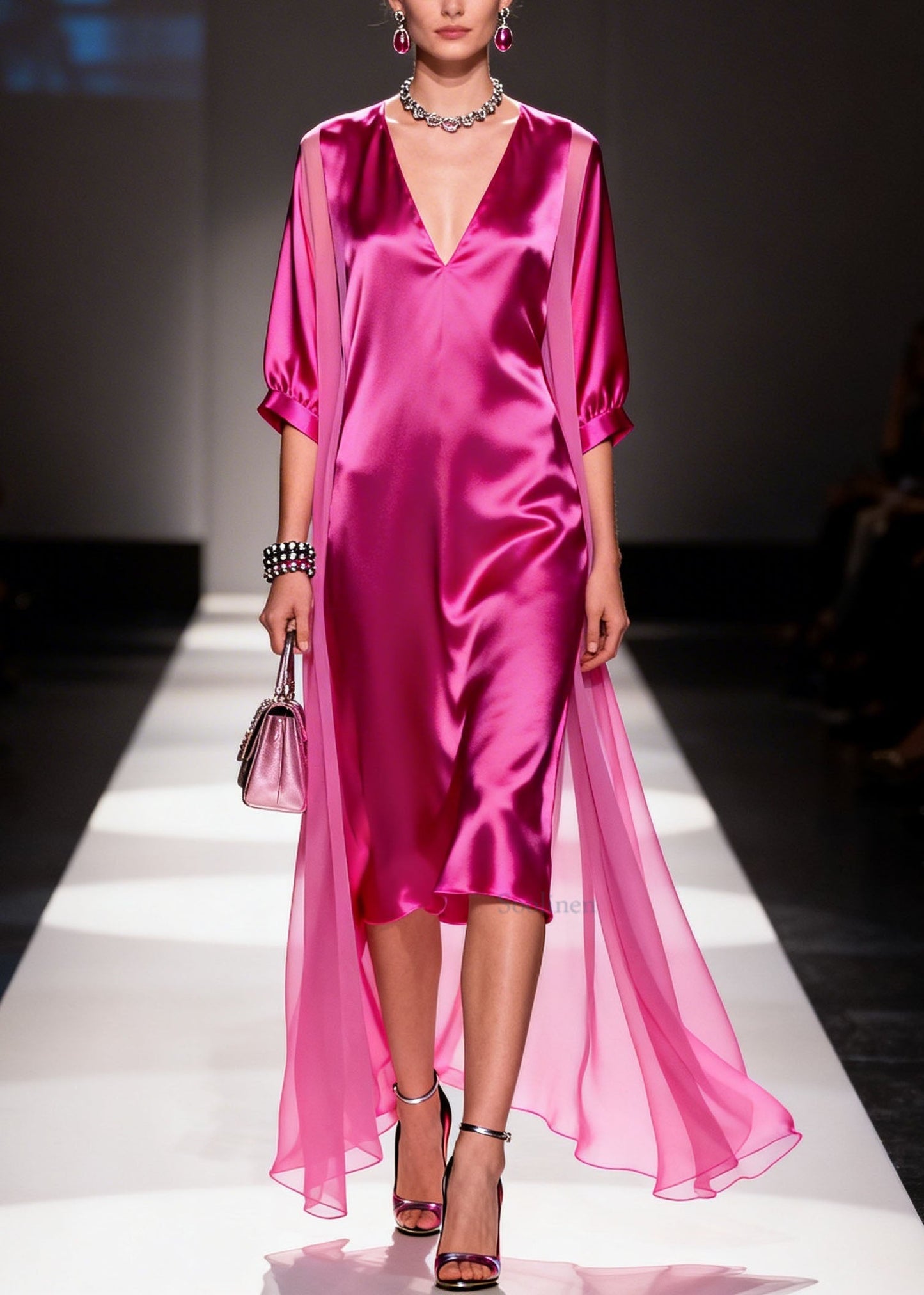 French Rose V Neck Patchwork Chiffon Dresses Summer