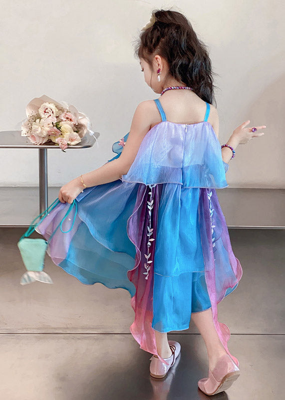 Gradient Color Blue Purple Square Collar Girls Long Spaghetti Strap Dress Sleeveless