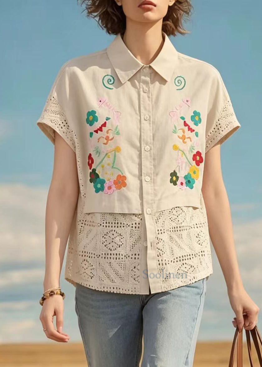 Handmade Apricot Embroidered Hollow Out Cotton Shirts Summer