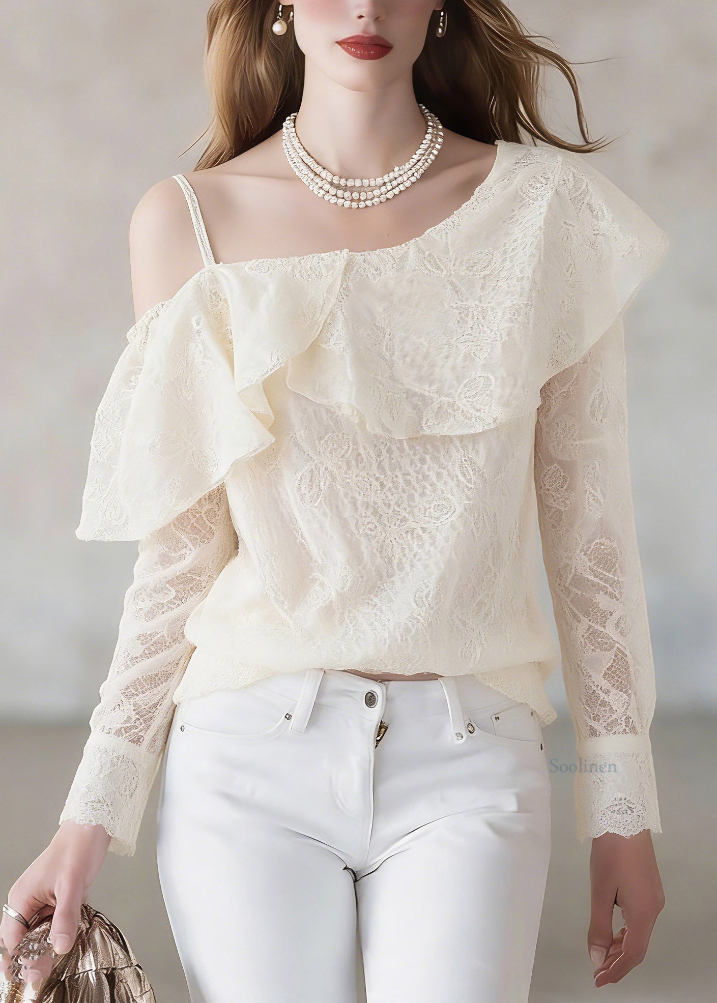 Handmade Beige Asymmetrical One Shoulder Lace Patchwork Chiffon Top Lantern Sleeve