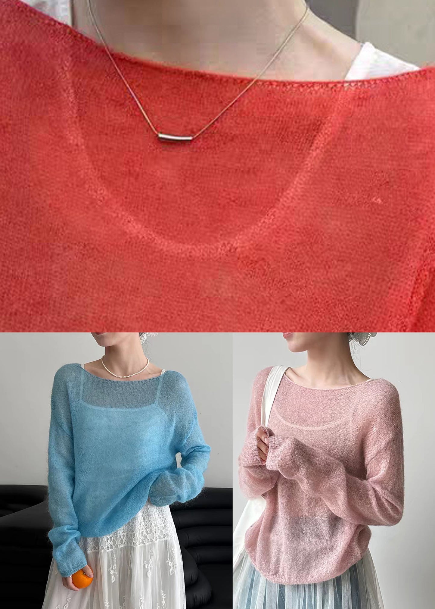 Handmade Blue Cozy Ma Hai Mao Solid Knit Tops Spring