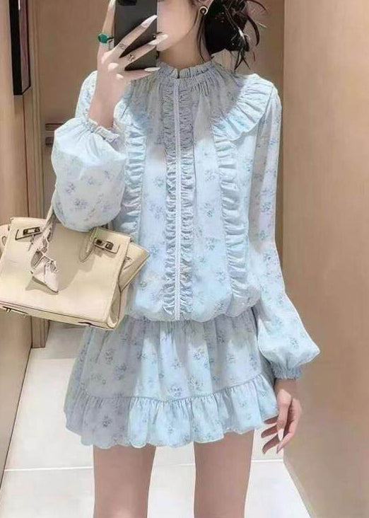 Handmade Blue Ruffled Print Chiffon Women Sets 2 Pieces Summer