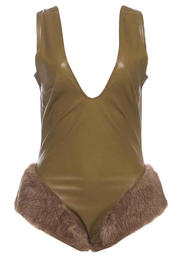 Handmade Khaki V Neck Patchwork Faux Leather Jumpsuits Summer