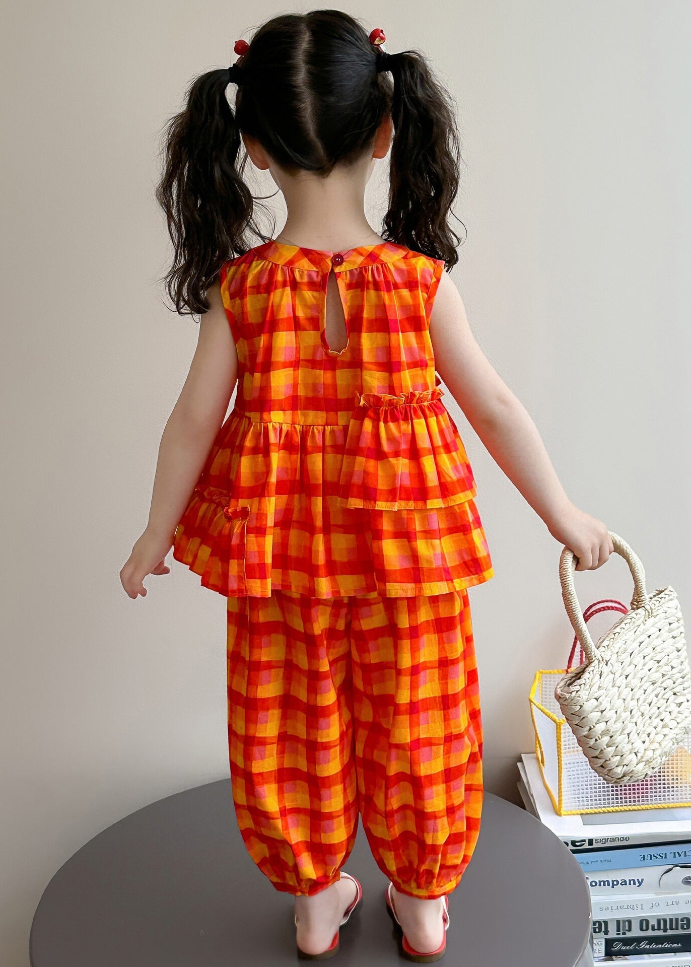 Handmade Orange Ruffled Plaid Cotton Kids Girls Women Sets 2 Pieces Summer