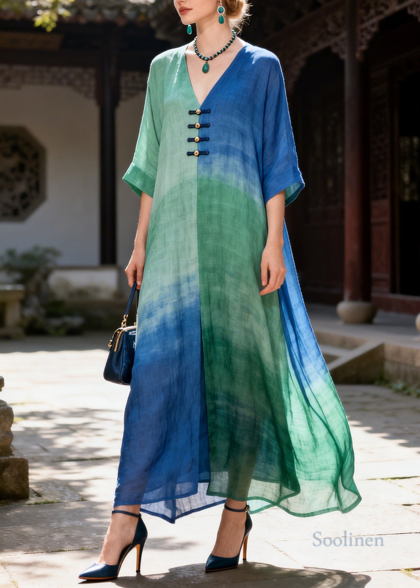 Handmade Oversized Tie Dye Chinese Button Cotton Robe Dresses Summer