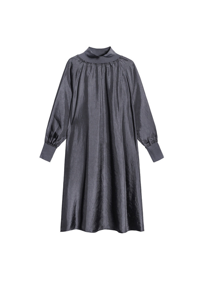Italian Grey Hign Neck Patchwork Cotton Maxi Dresses Long Sleeve