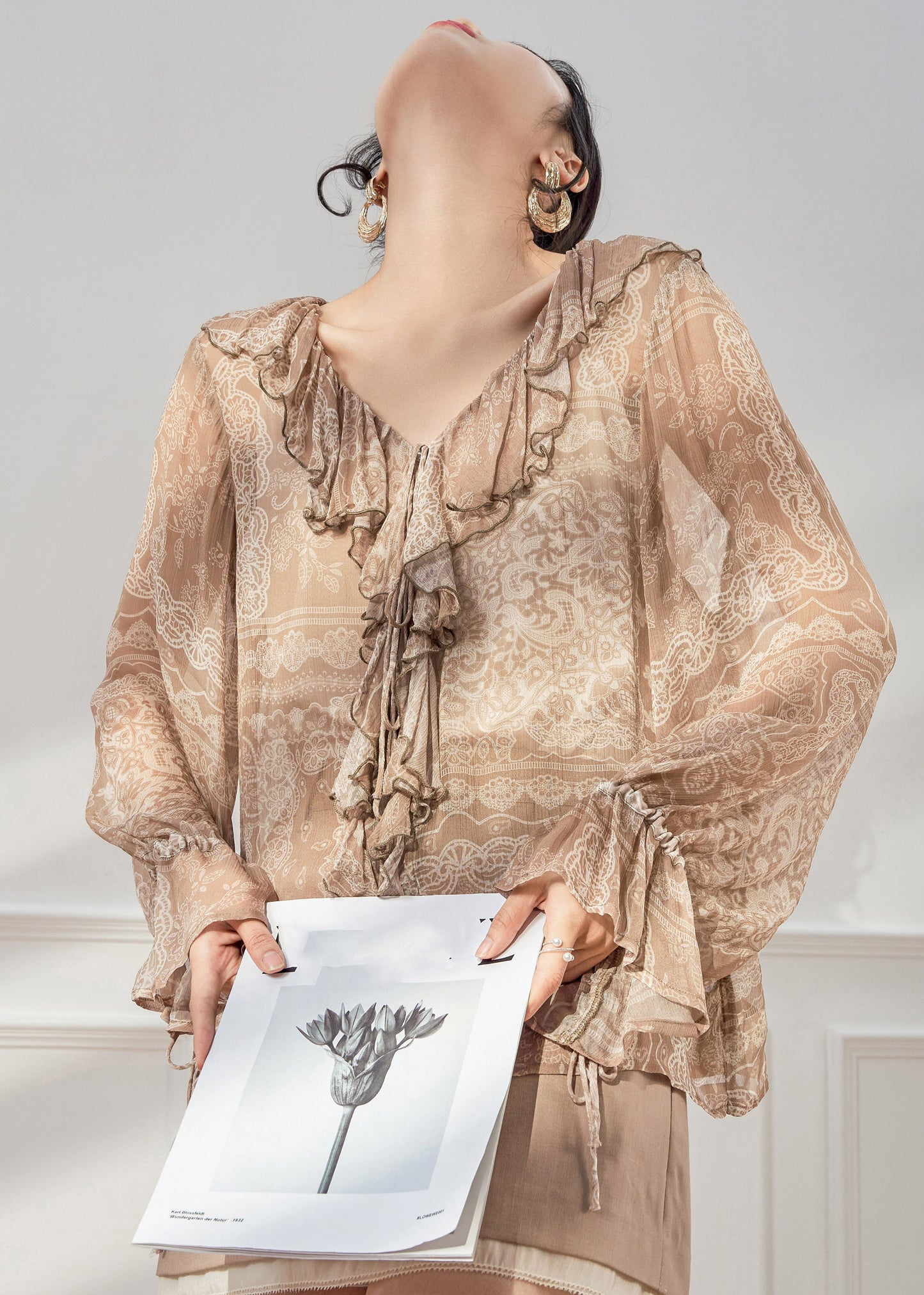 Italian Light Brown V Neck Print Silk Shirts Flare Sleeve