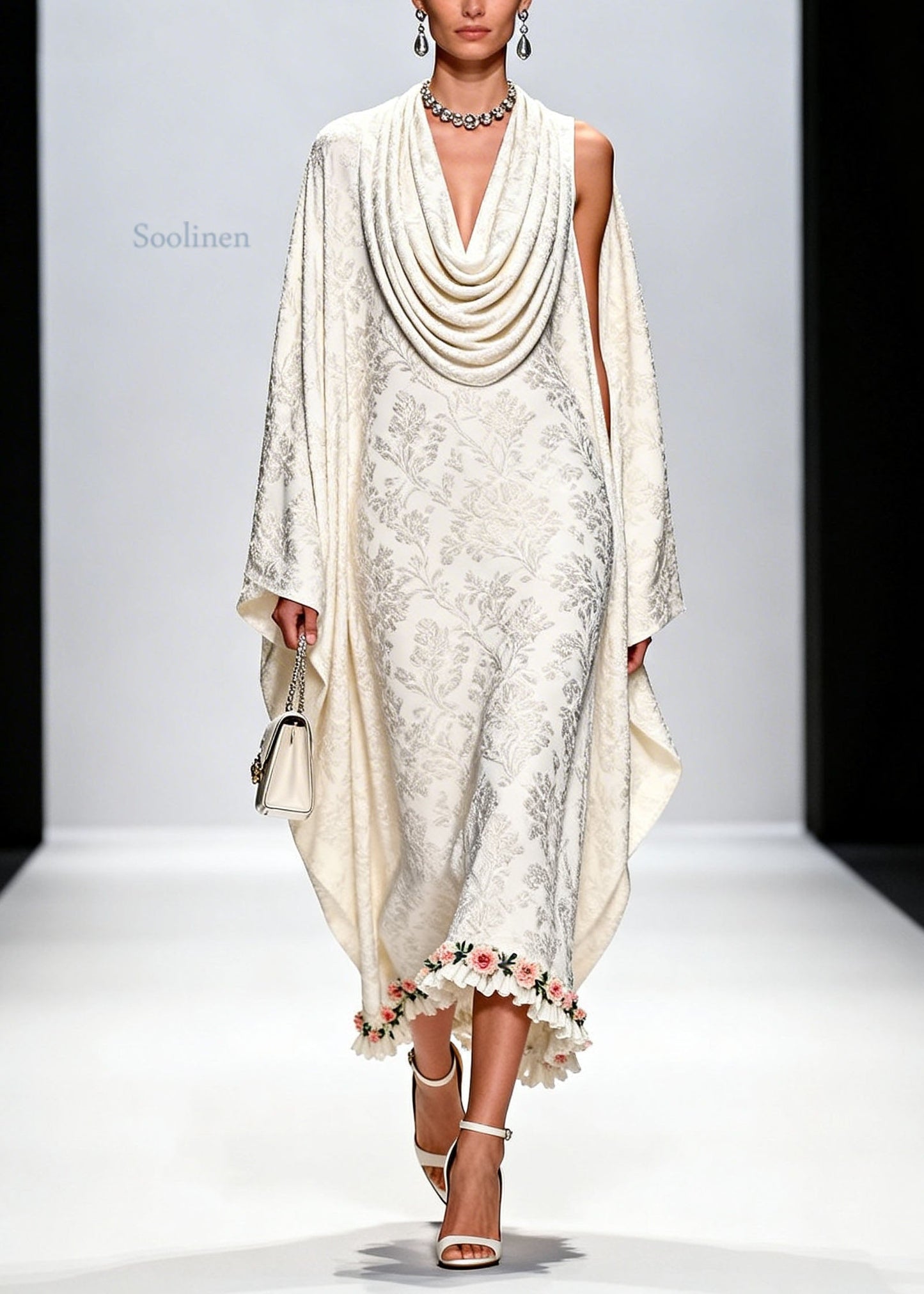 Italian White Draped Neckline Print Ruffled Floral Silk Dress Fall