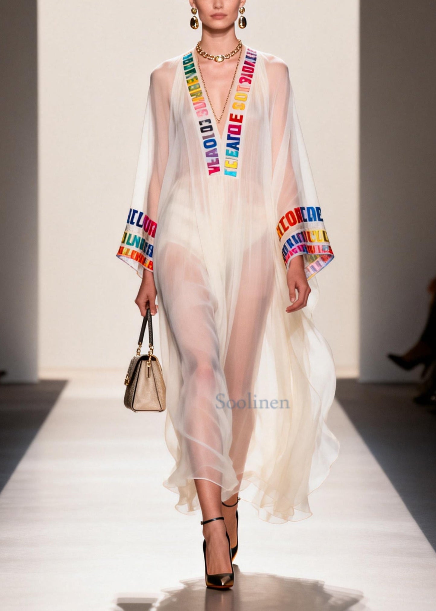 Italian White V Neck Letter Print Chiffon Sheer Dress Summer