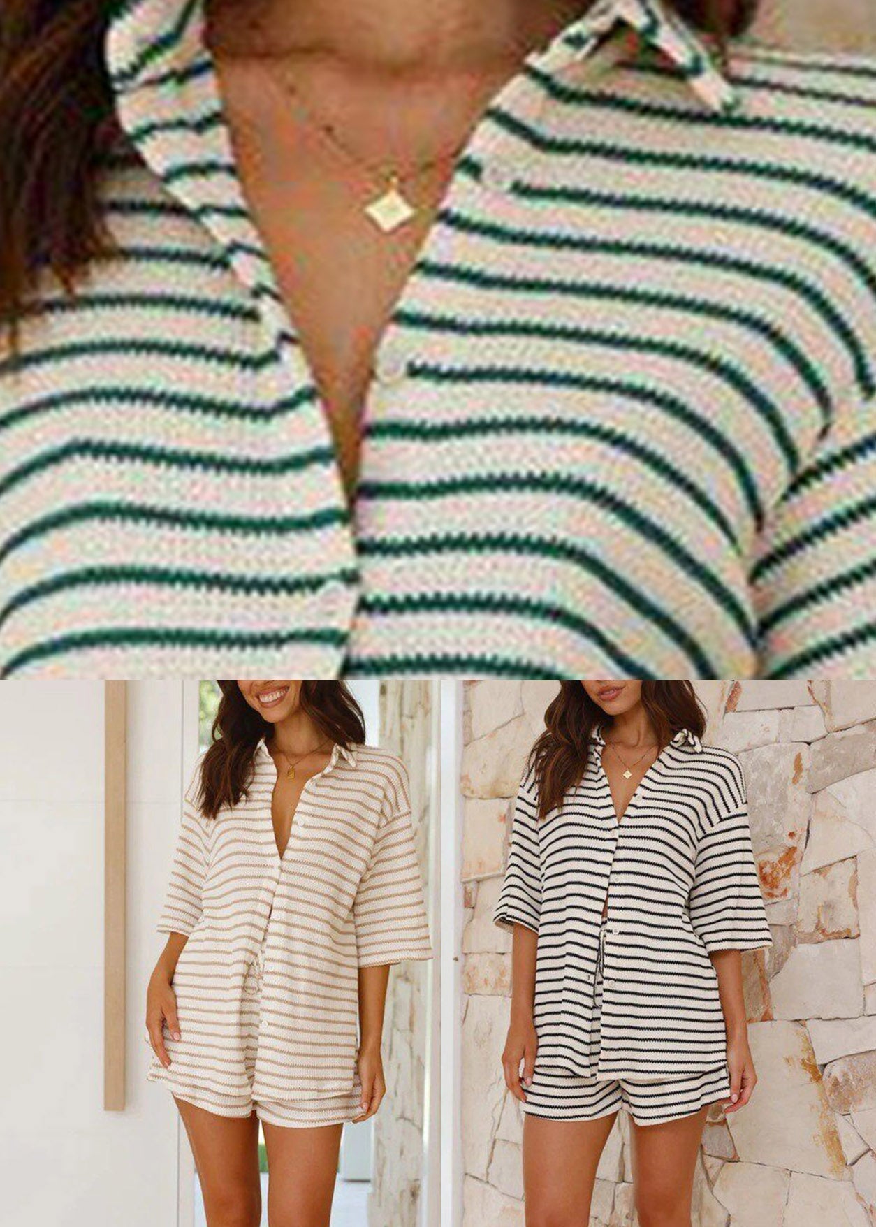Khaki Striped Butto Shirts And Shorts Two-Piece Set Short Sleeve
