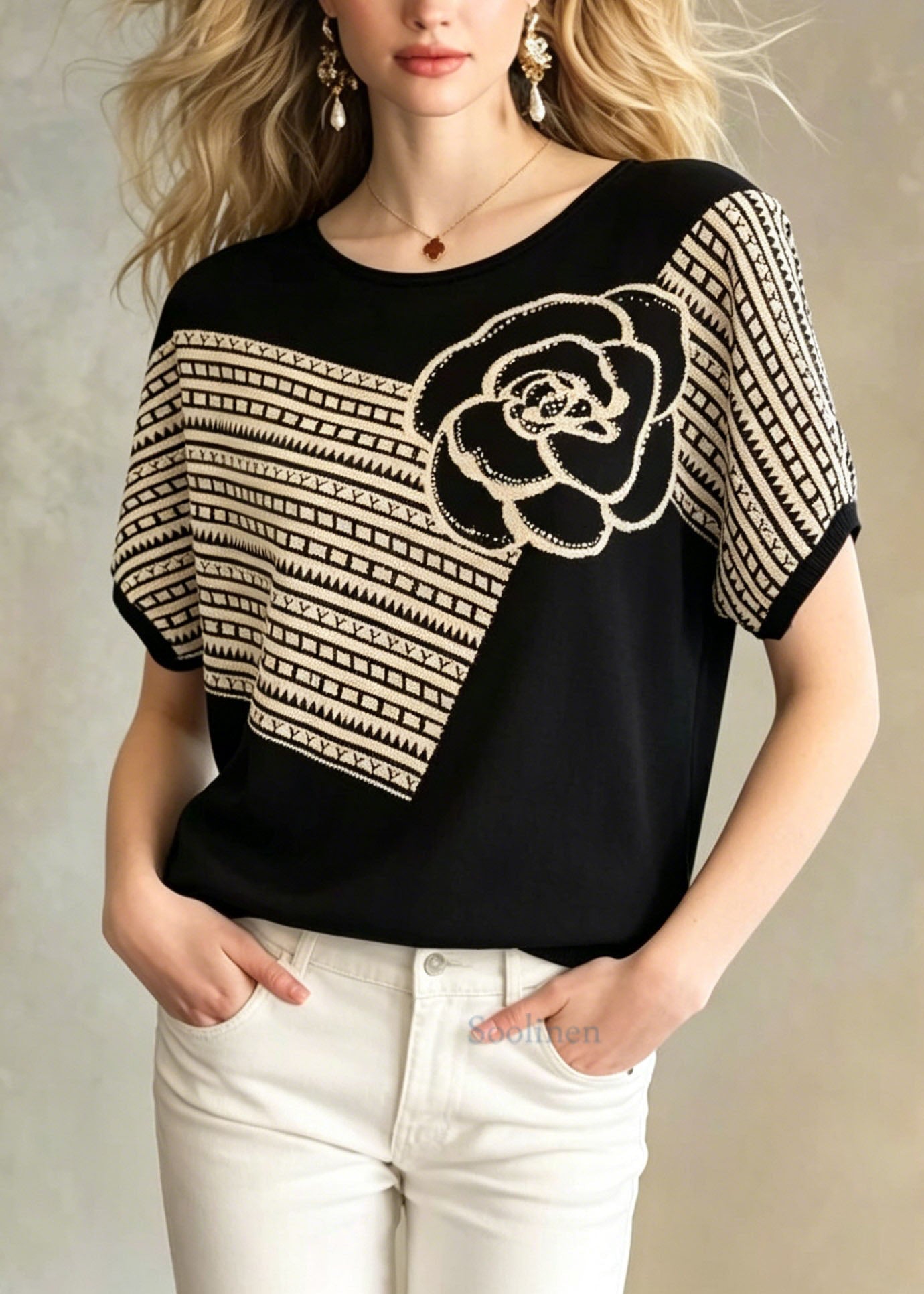 Loose Black O Neck Floral Zircon Knit Top Summer