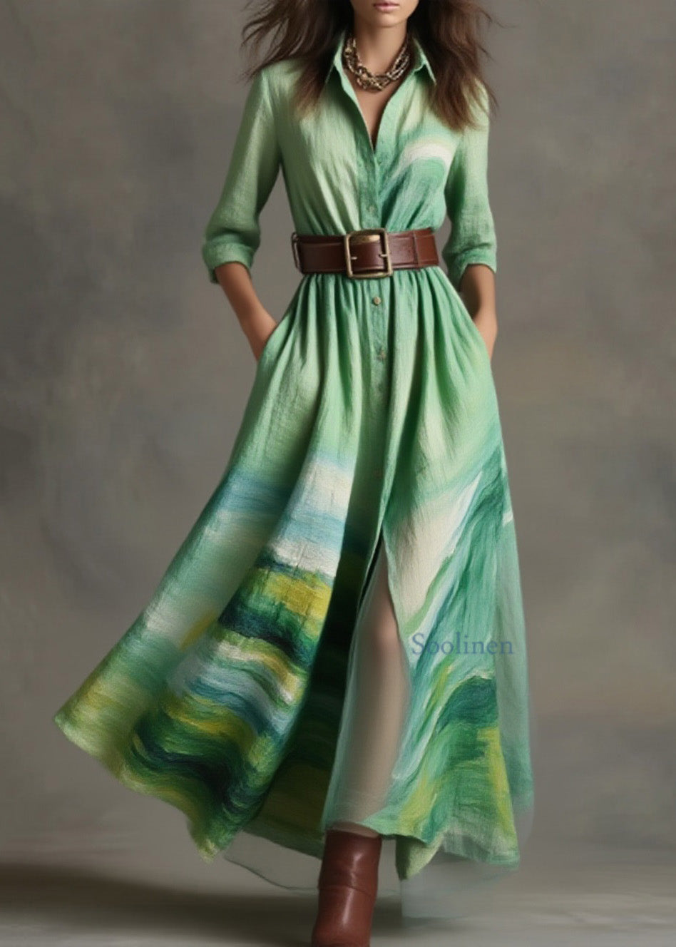 Loose Green Peter Pan Collar Print Cotton Long Dress Spring