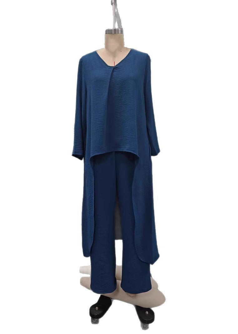 Loose Navy Patchwork Solid Shirts And Harem Pants Two Pieces Set Fall