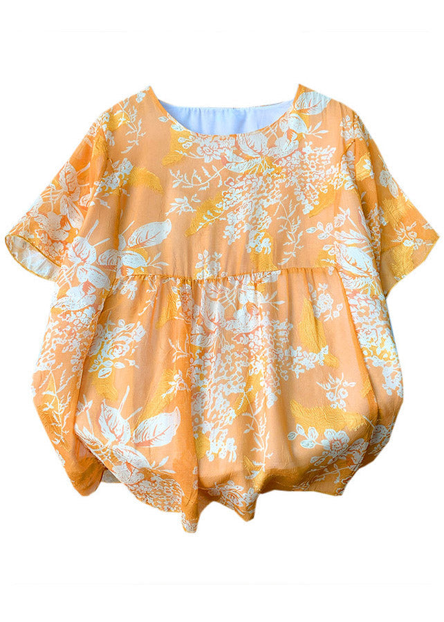 Loose Orange O-Neck Print Patchwork Chiffon T Shirt Summer