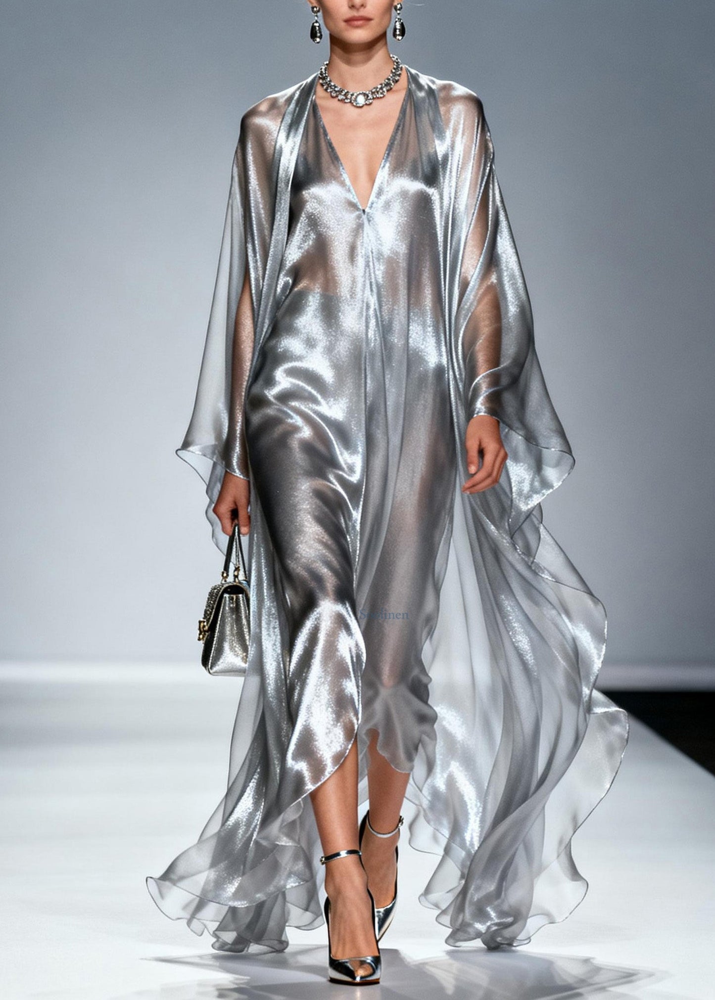 Loose Silver V Neck Asymmetrical Silk Robe Dresses Summer