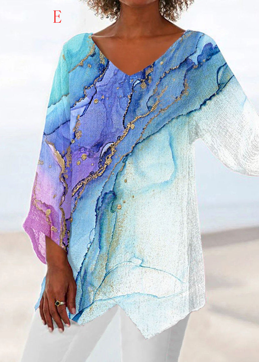 Loose V Neck Print Asymmetrical Design Cotton Top Summer